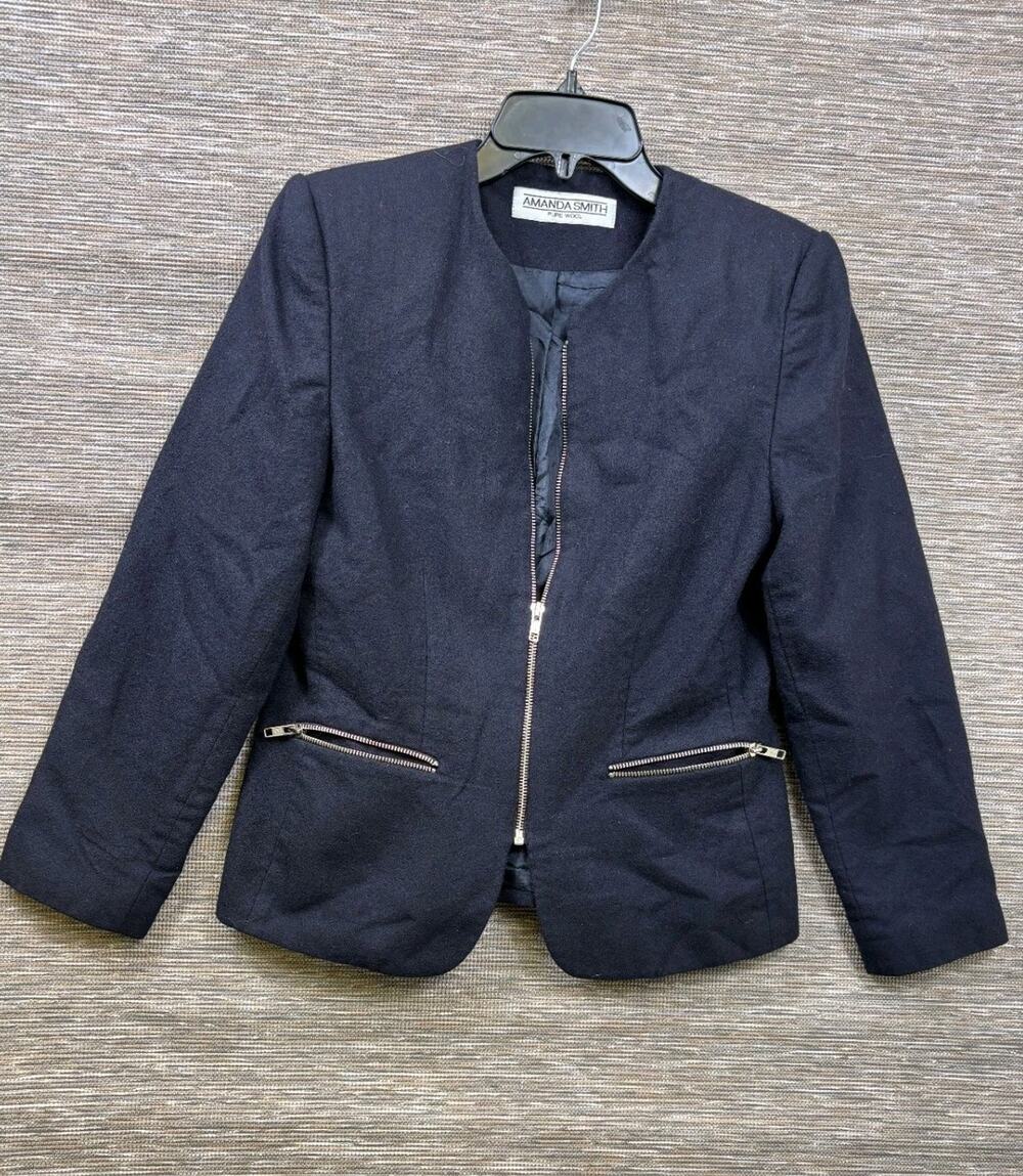 Vintage Amanda Smith Blazer Jacket Pure Wool Womens Size 6 Navy Blue Full Zip